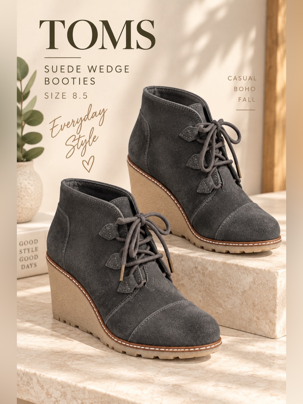TOMS Charcoal Gray Suede Lace-Up Wedge Ankle Booties Size 8.5